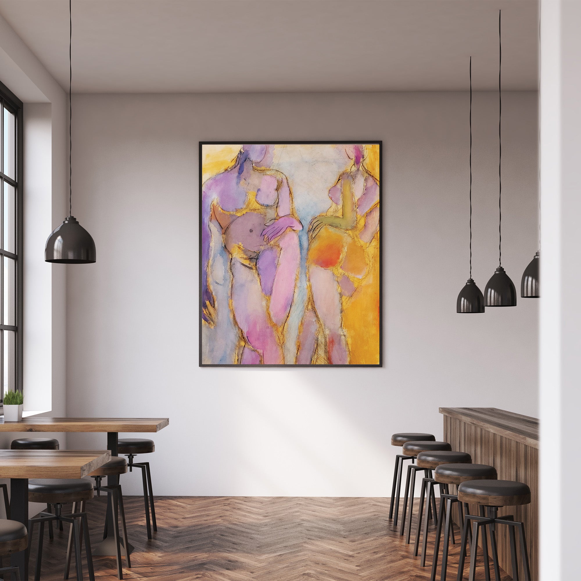 Step into the world of Yi-li Chin Ward's mesmerizing artwork titled "Conversation," where the warmth of human connection is beautifully encapsulated. This piece masterfully captures a moment of intimacy and relatedness through loose sketching and a vibrant color palette.